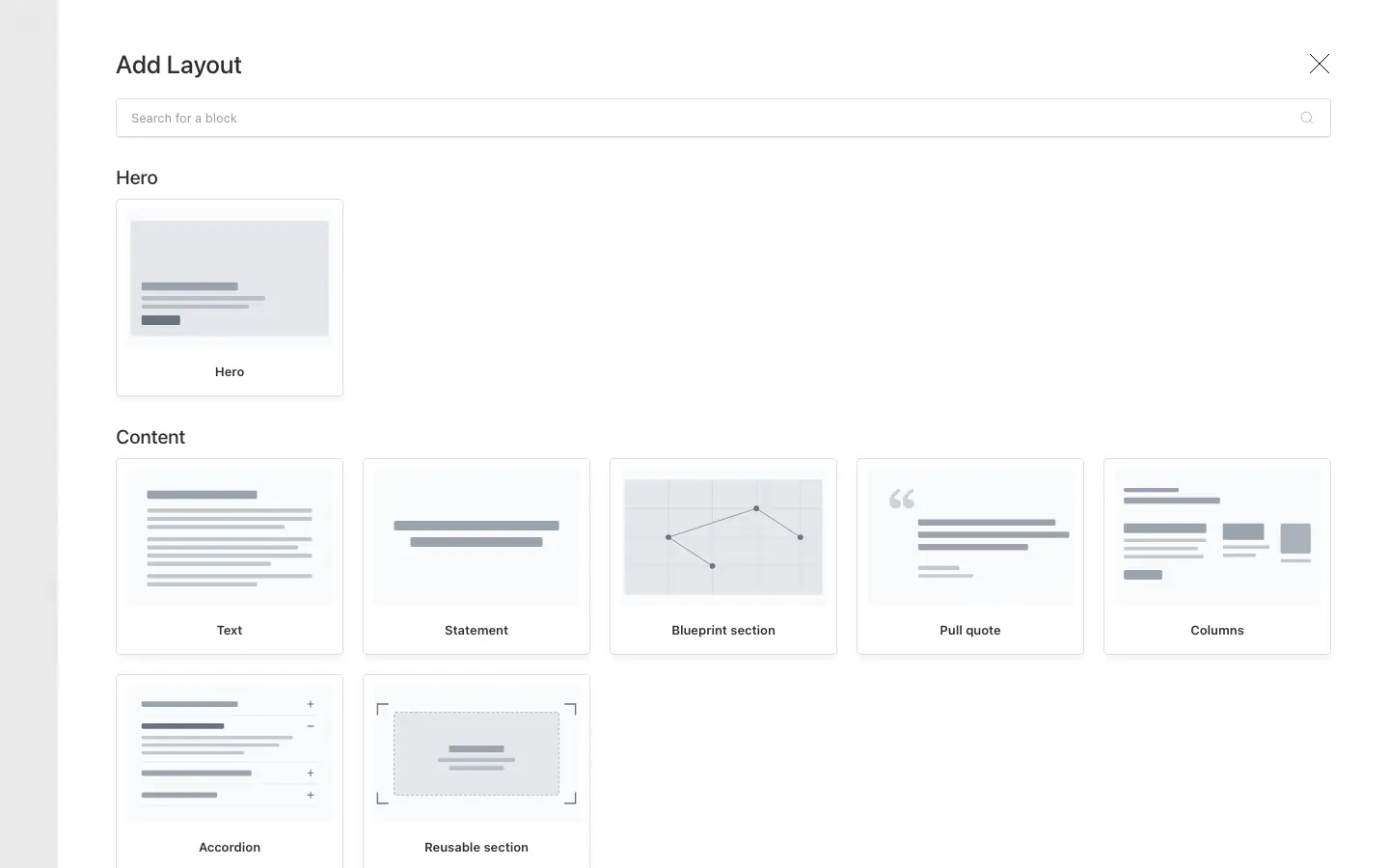 The block picker, grouped by kind