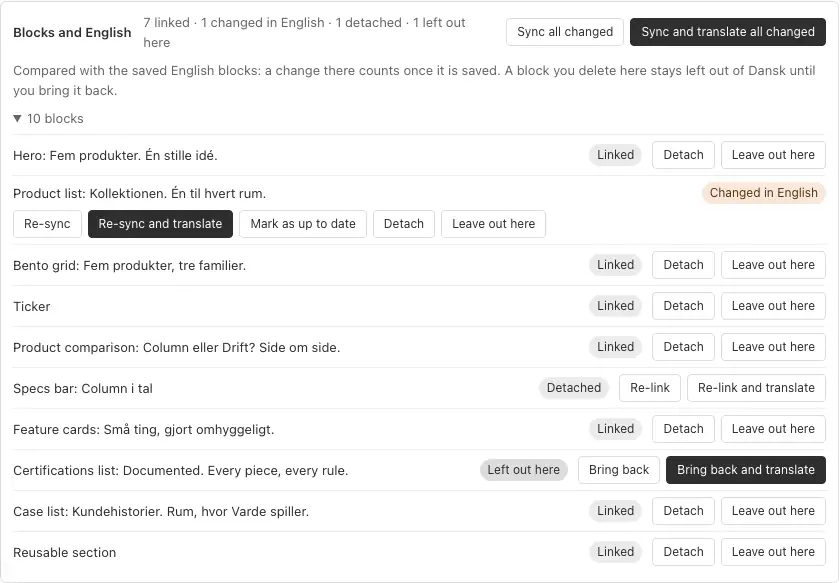 The panel on a Danish page: blocks linked, changed in English, detached and left out, each with what you can do