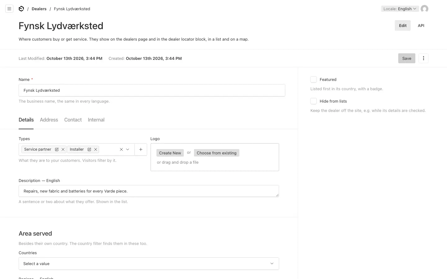 A dealer: details, address, contact and internal notes, with Featured and Hide from lists on the right