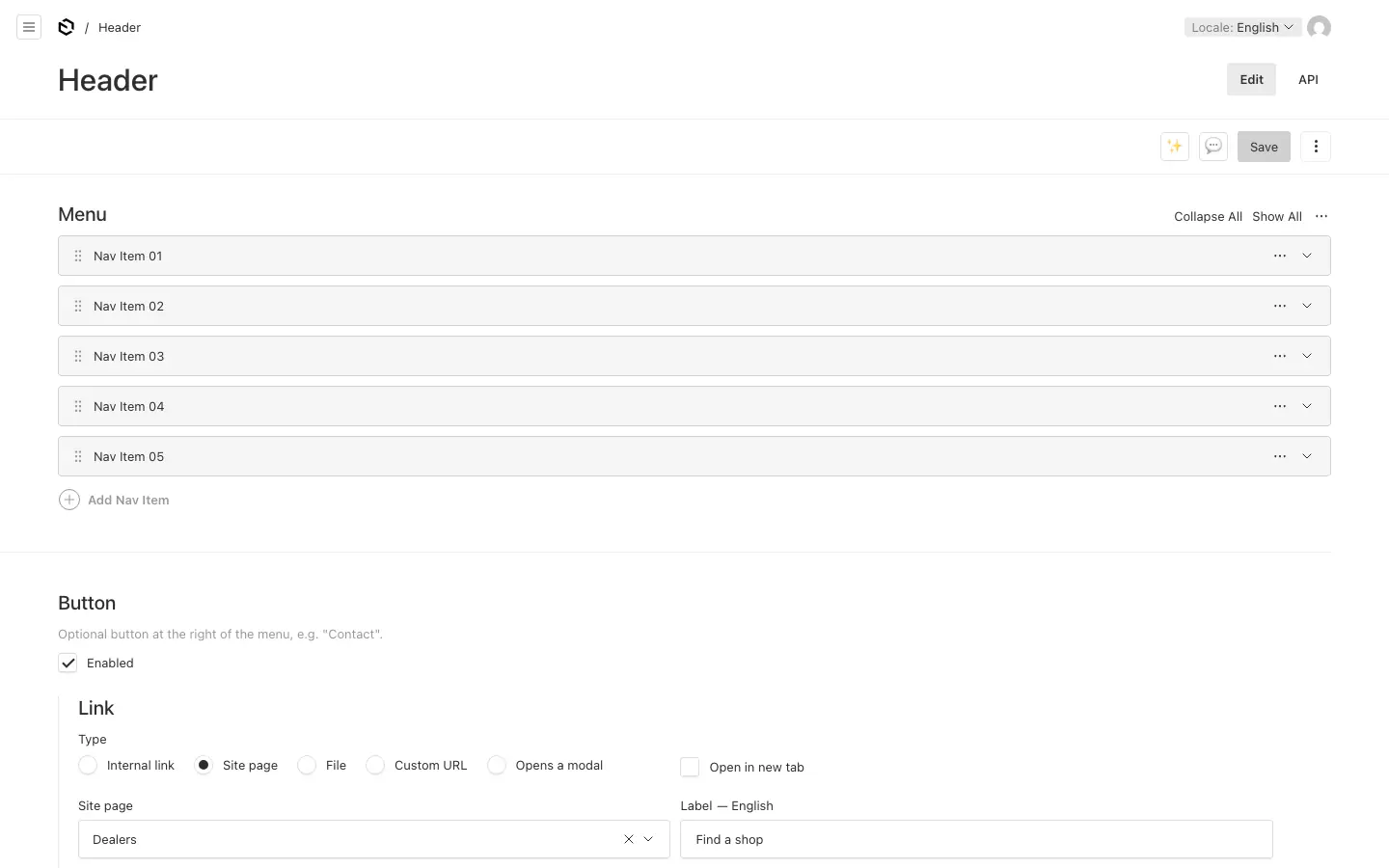 The Header: the menu's links and the button at the right