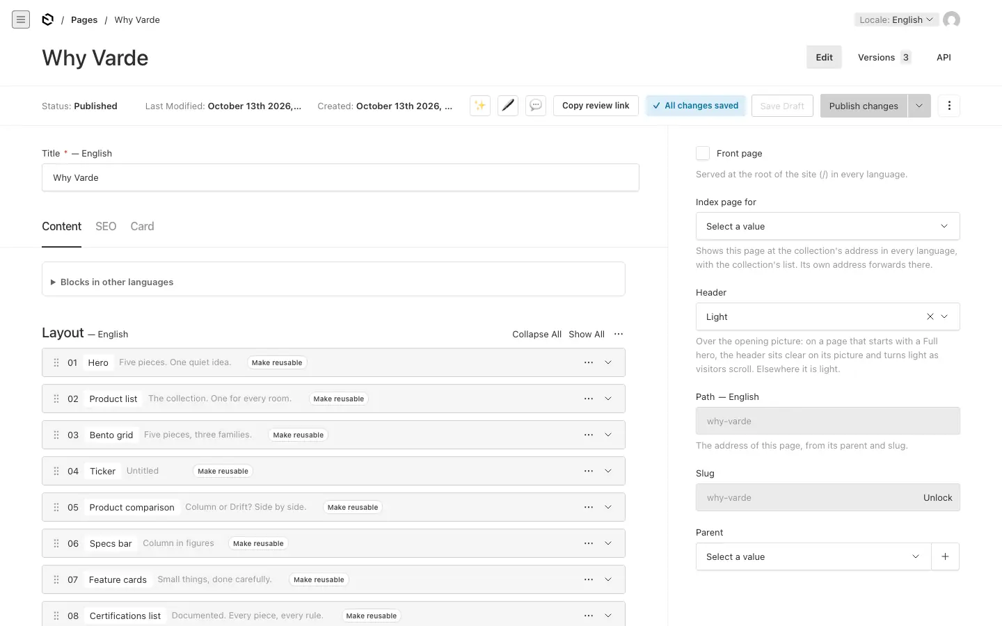 A page in the admin: the title, the Content, SEO and Card tabs, the blocks folded to their headlines, and the page's settings on the right