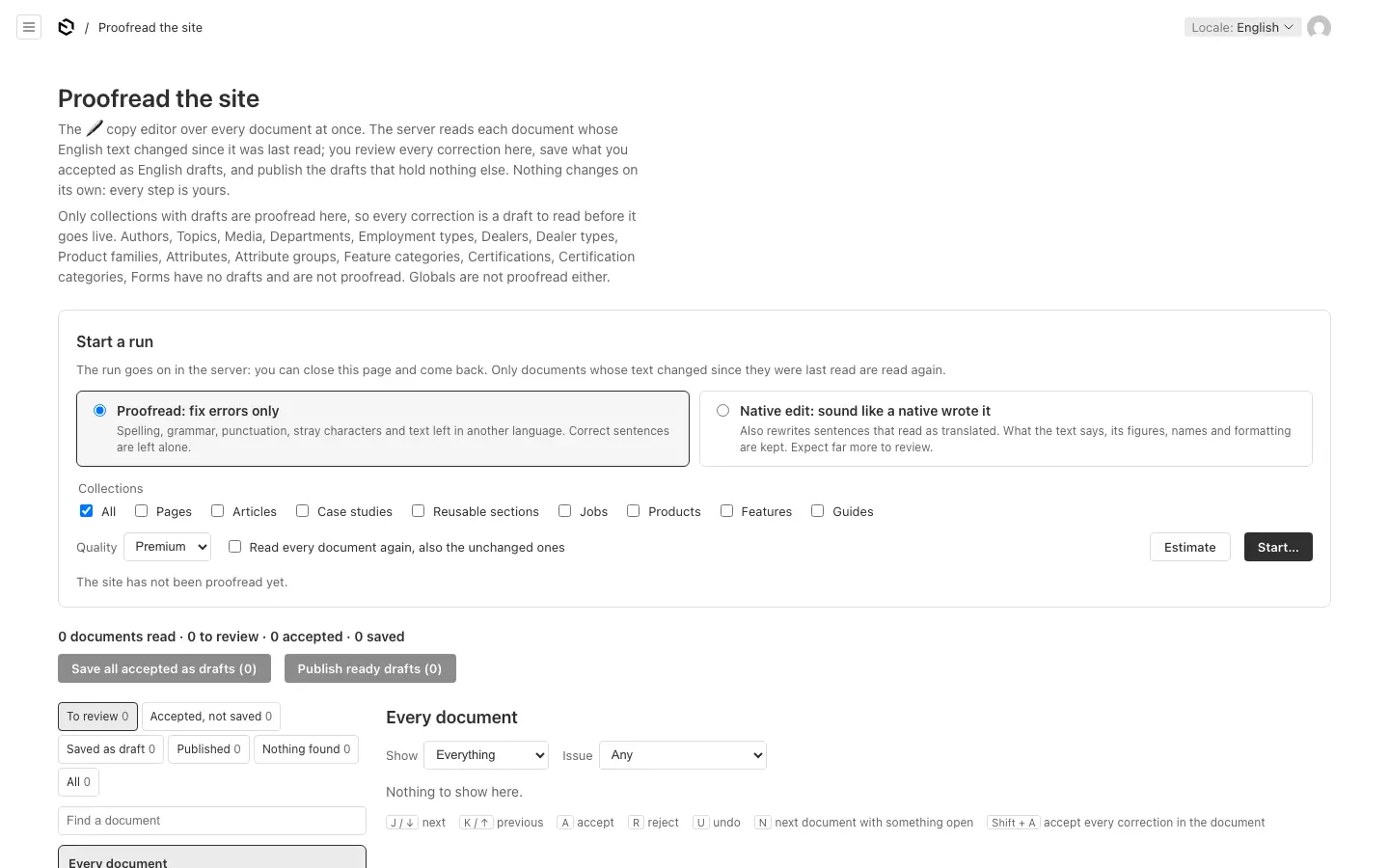 Proofread the site: start a run, then review every correction in one list