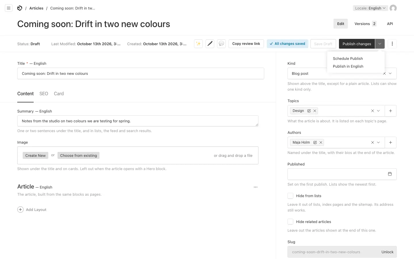 The menu beside Publish changes: Schedule Publish, and Publish in the language on screen