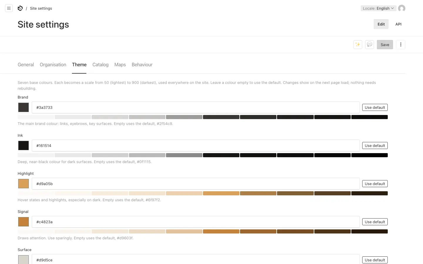 The Theme tab in Site settings, with each base colour and its scale