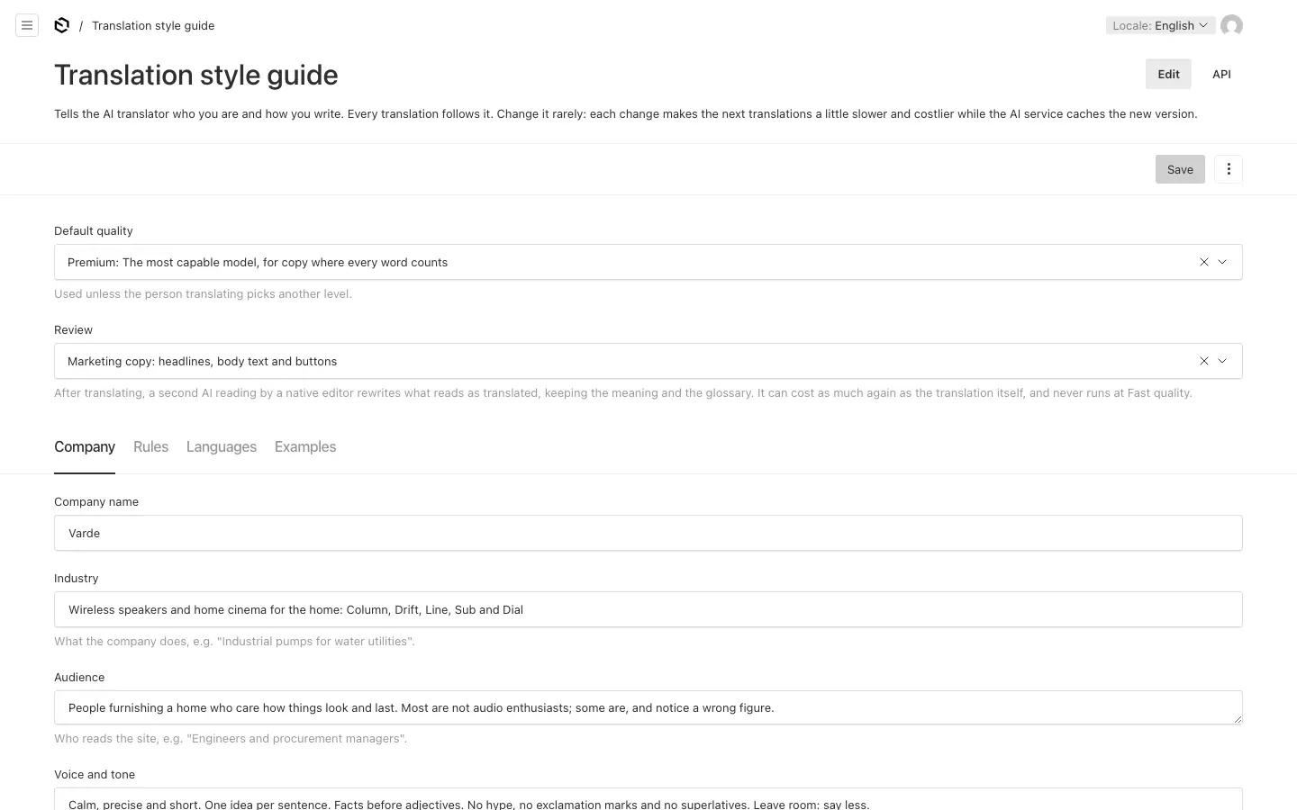 The Translation style guide: the quality and review settings above the Company, Rules, Languages and Examples tabs