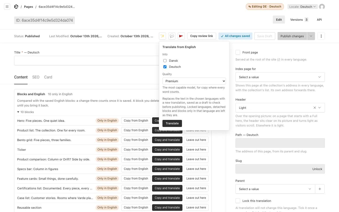 The ✨ menu on a German page: the languages to translate into, the quality, and what happens