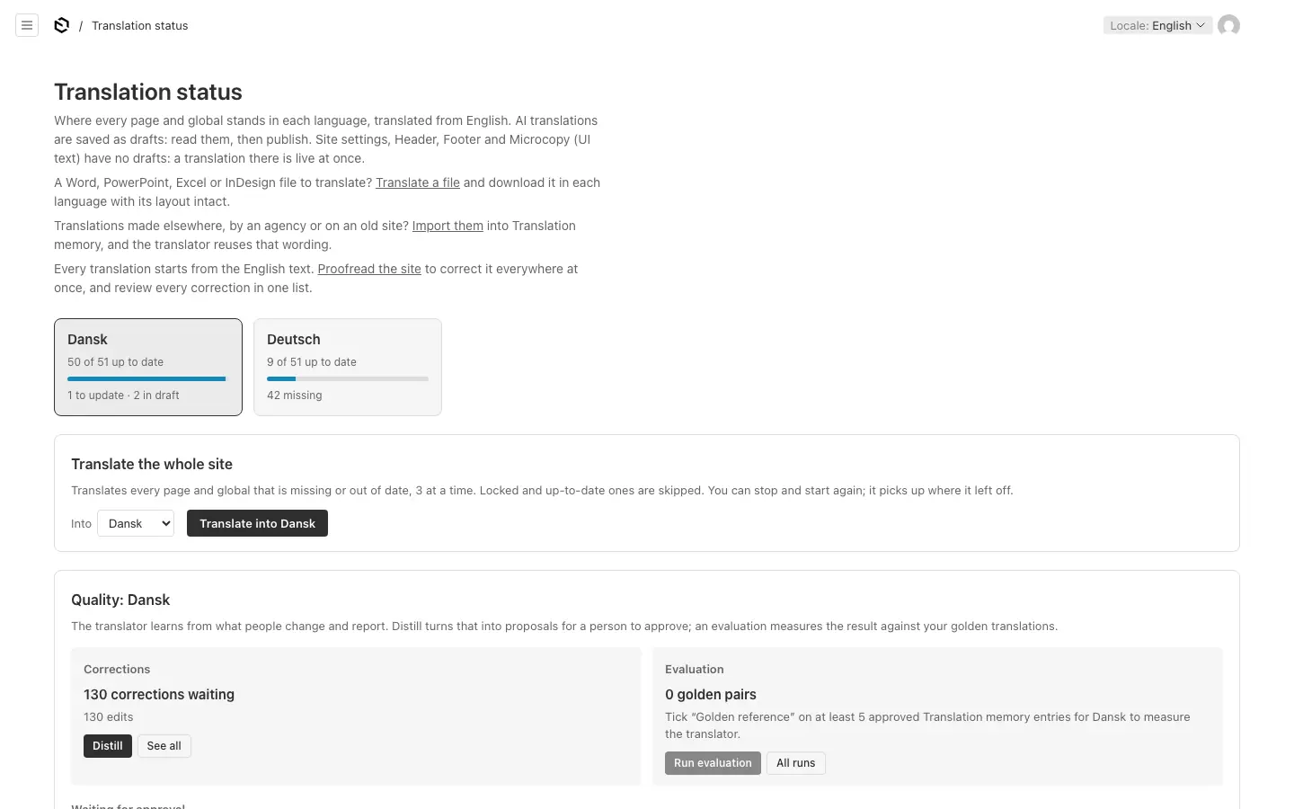 Translation status: a tab per language with its progress, Translate the whole site, and the quality panel