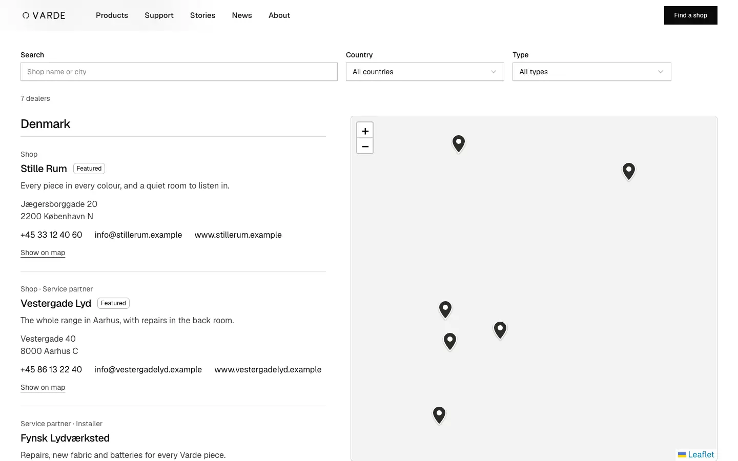 The dealers page: the list beside the map